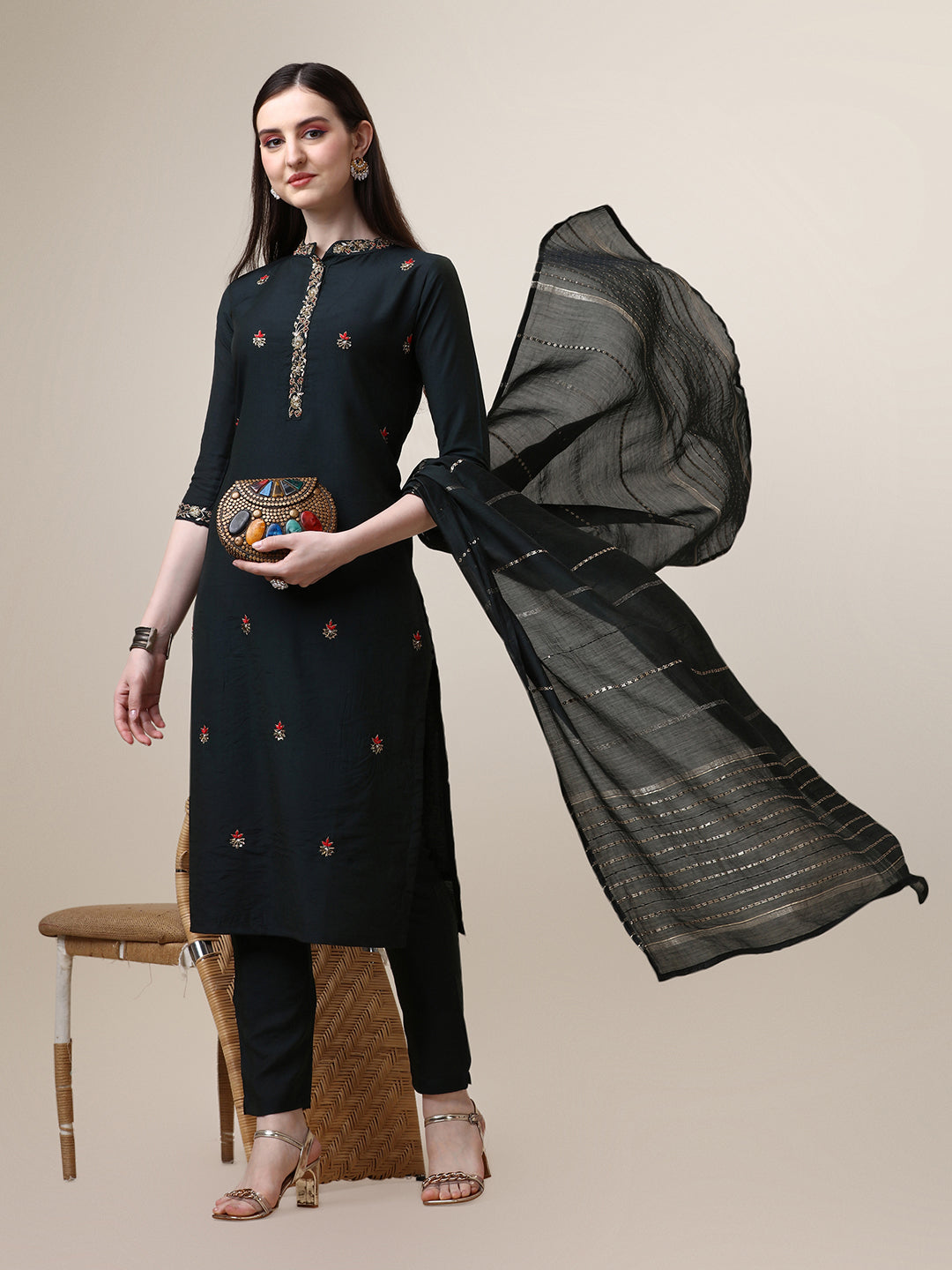Embroidered Mandarin Collar Kurta With Pant And Dupatta Set, Multicolor - Hiral Fashion