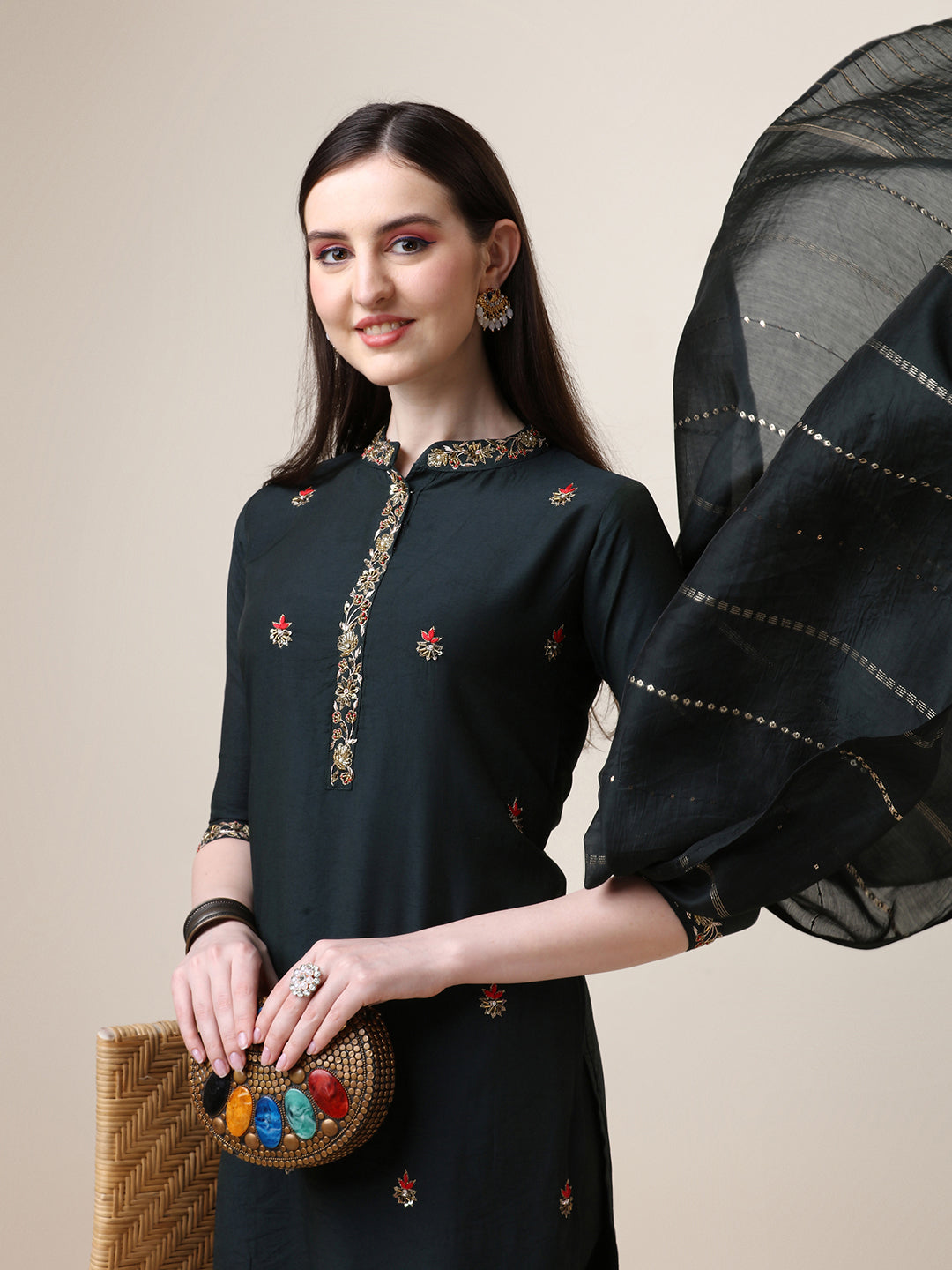 Embroidered Mandarin Collar Kurta With Pant And Dupatta Set, Multicolor - Hiral Fashion