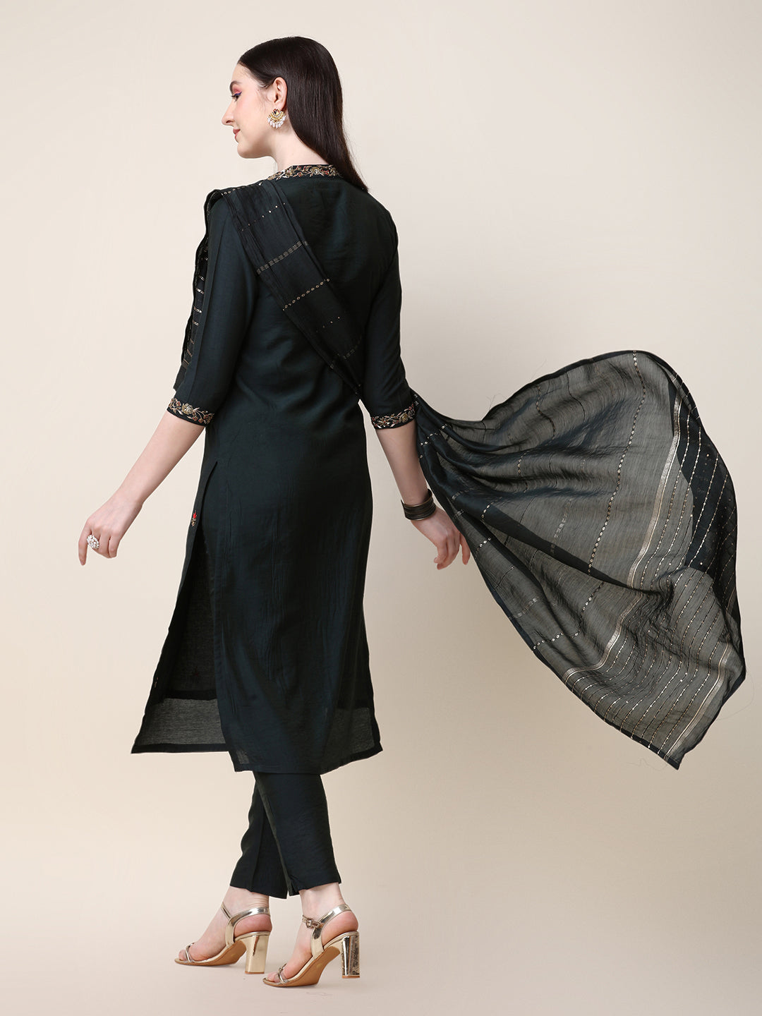 Embroidered Mandarin Collar Kurta With Pant And Dupatta Set, Multicolor - Hiral Fashion