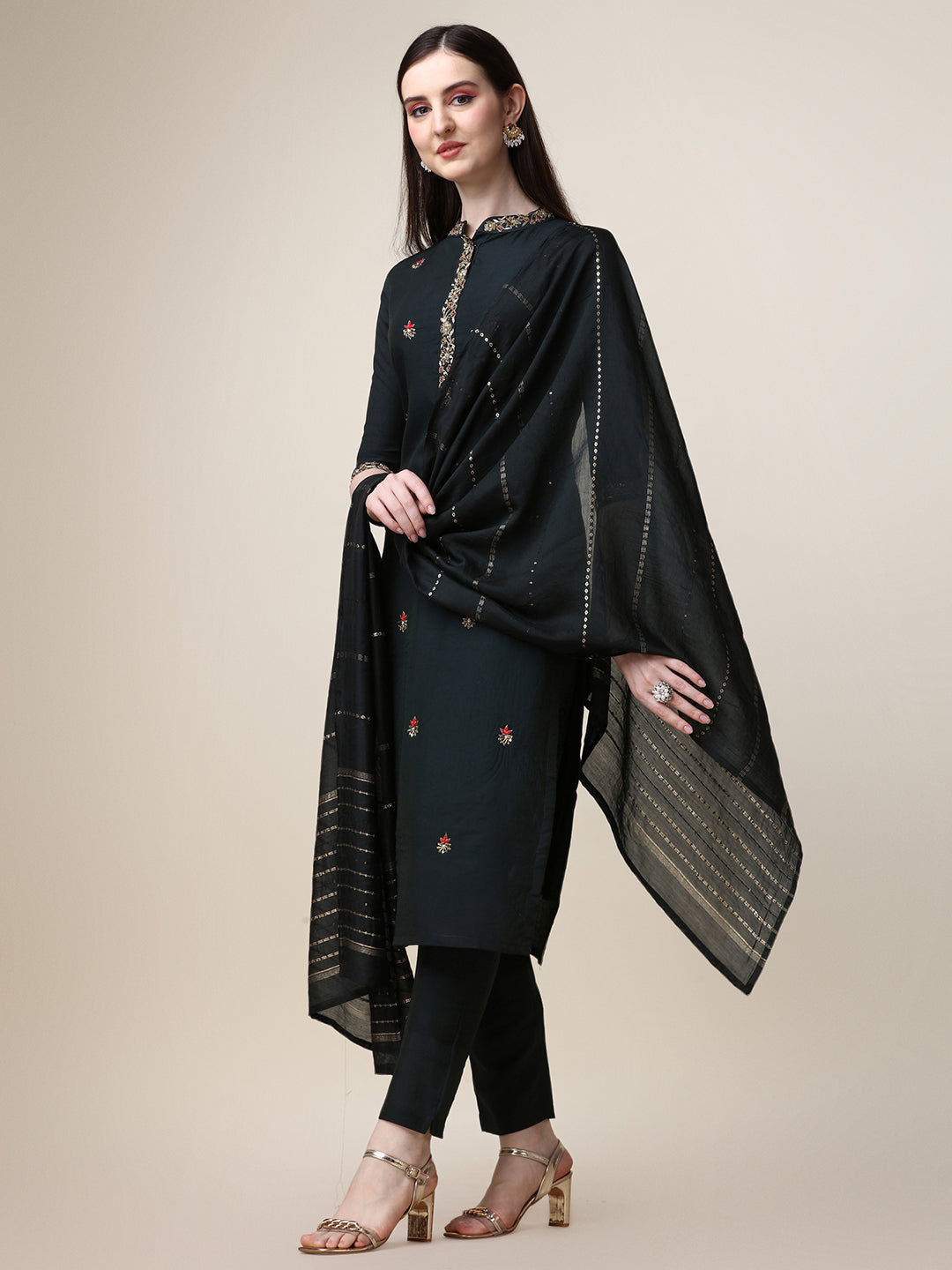 Embroidered Mandarin Collar Kurta With Pant And Dupatta Set, Multicolor - Hiral Fashion