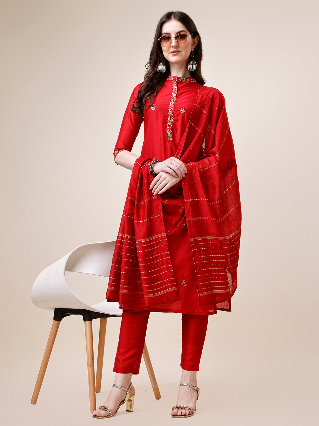 Embroidered Mandarin Collar Kurta With Pant And Dupatta Set, Multicolor - Hiral Fashion