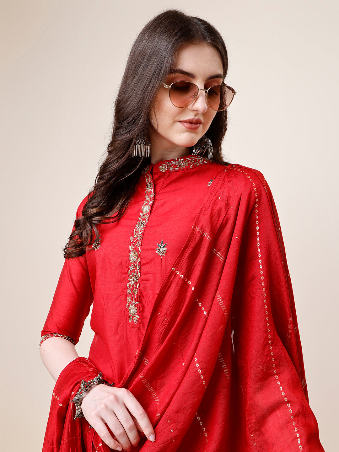 Embroidered Mandarin Collar Kurta With Pant And Dupatta Set, Multicolor - Hiral Fashion