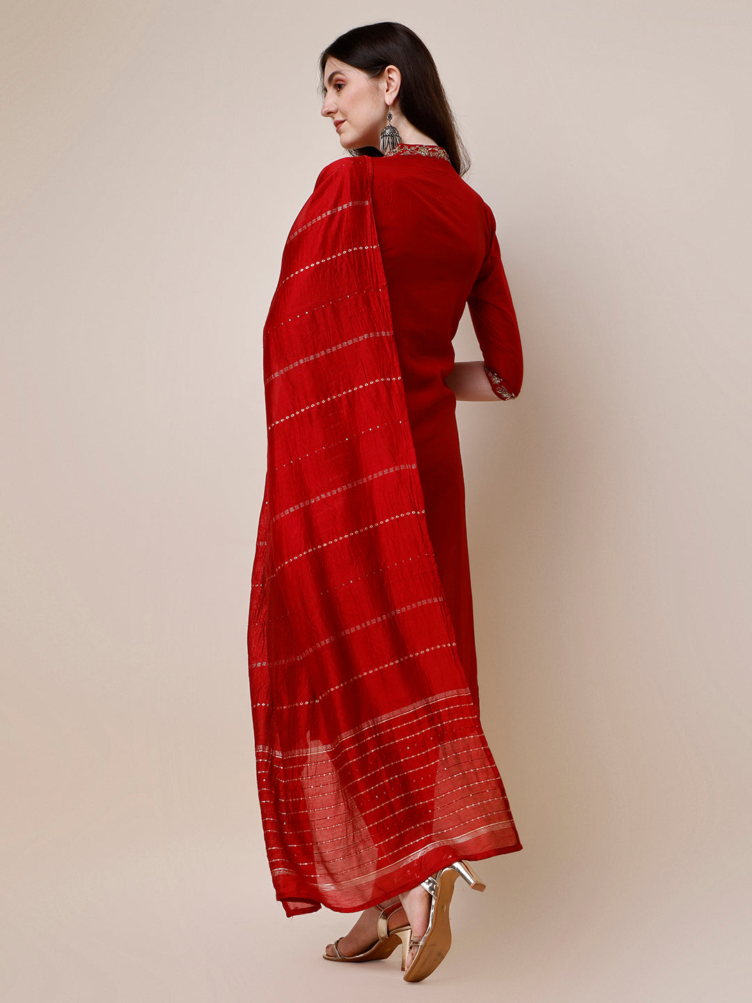Embroidered Mandarin Collar Kurta With Pant And Dupatta Set, Multicolor - Hiral Fashion