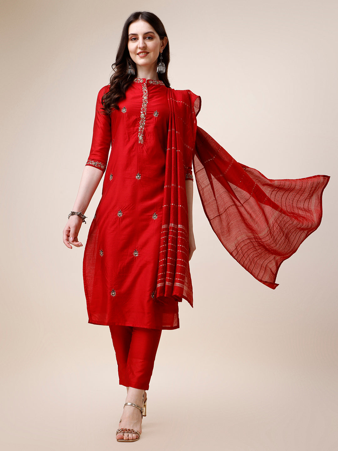 Embroidered Mandarin Collar Kurta With Pant And Dupatta Set, Multicolor - Hiral Fashion