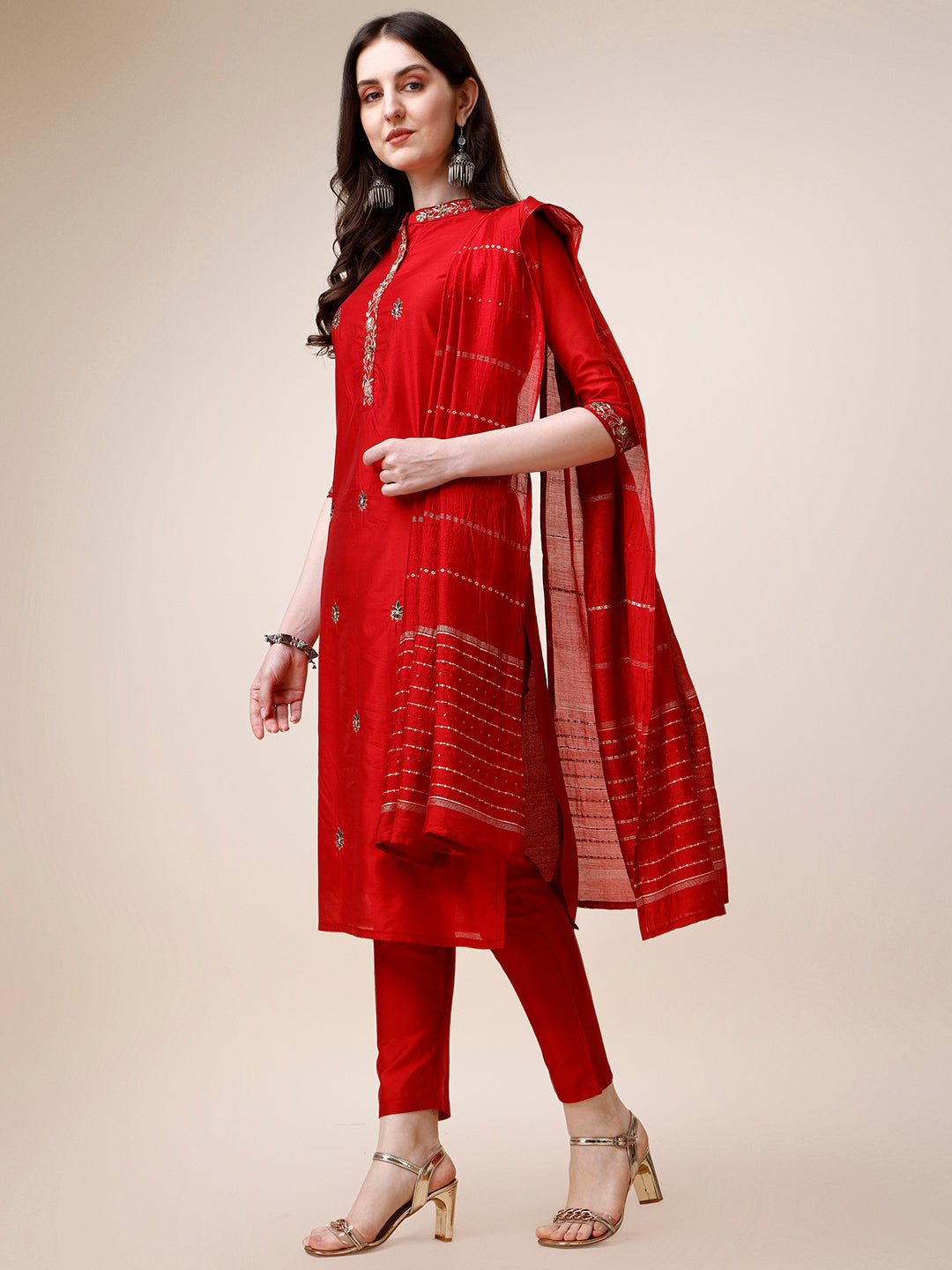 Embroidered Mandarin Collar Kurta With Pant And Dupatta Set, Multicolor - Hiral Fashion