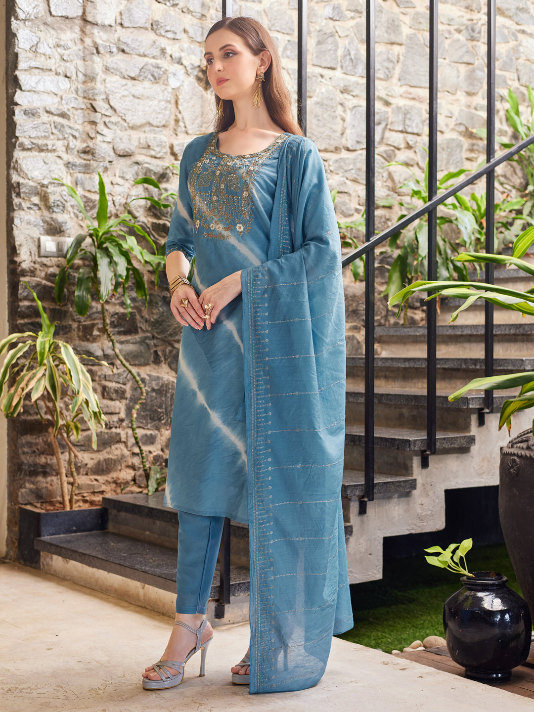 Leheriya Printed & Embroidered Kurta With Pant & Dupatta, Multicolor - Hiral Fashion