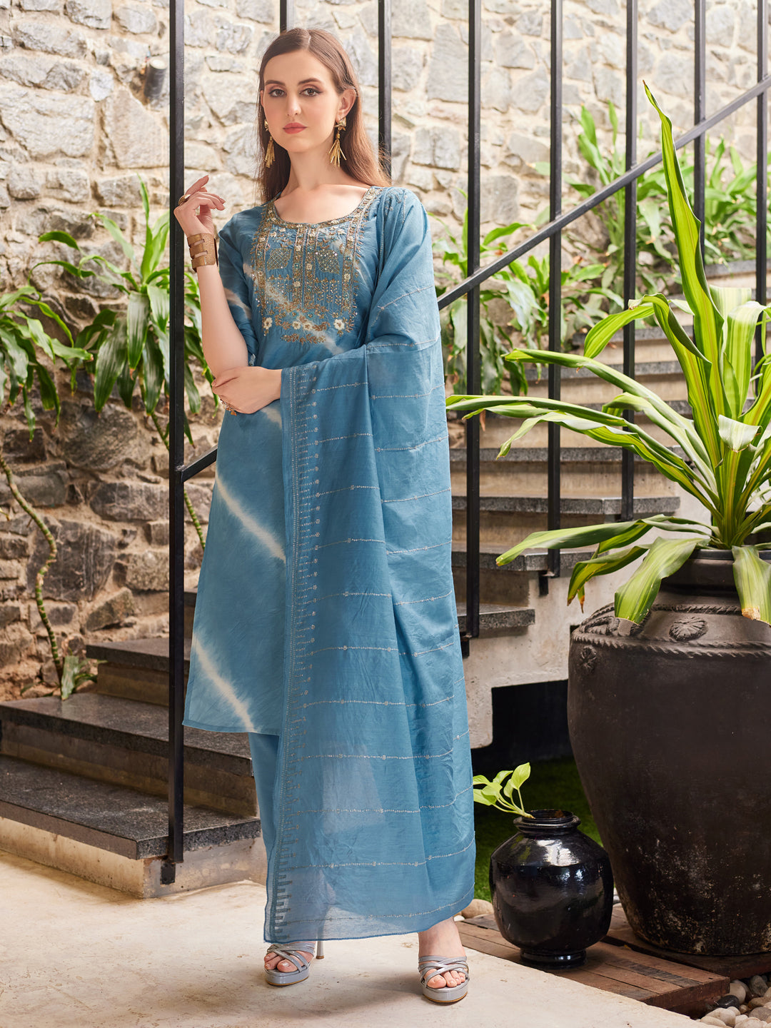 Leheriya Printed & Embroidered Kurta With Pant & Dupatta, Multicolor - Hiral Fashion
