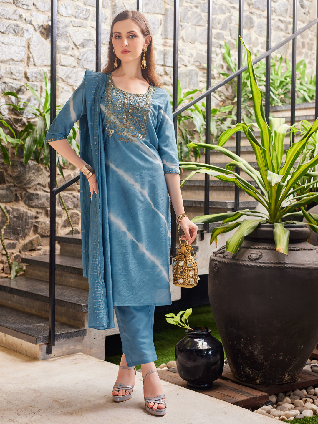 Leheriya Printed & Embroidered Kurta With Pant & Dupatta, Multicolor - Hiral Fashion