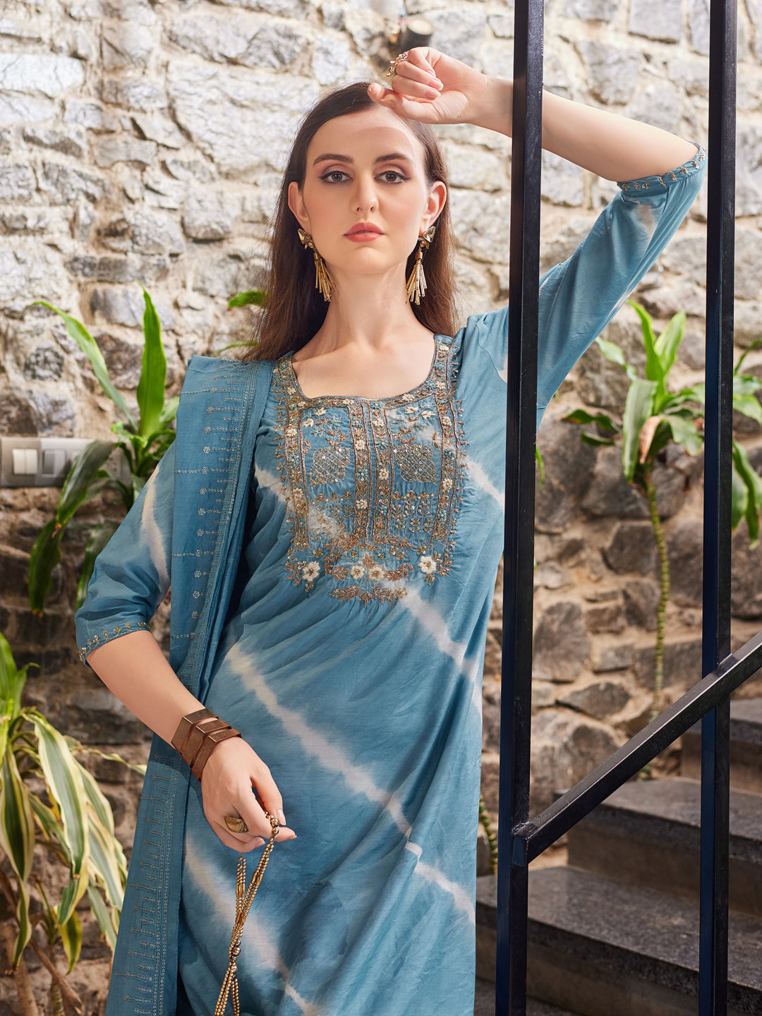 Leheriya Printed & Embroidered Kurta With Pant & Dupatta, Multicolor - Hiral Fashion