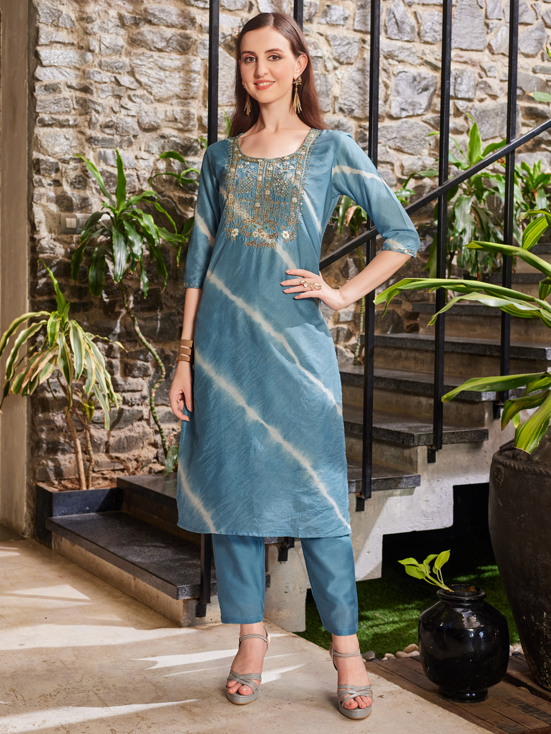 Leheriya Printed & Embroidered Kurta With Pant & Dupatta, Multicolor - Hiral Fashion