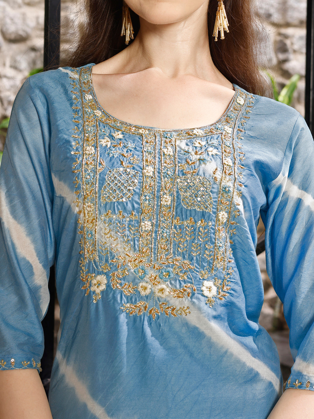 Leheriya Printed & Embroidered Kurta With Pant & Dupatta, Multicolor - Hiral Fashion