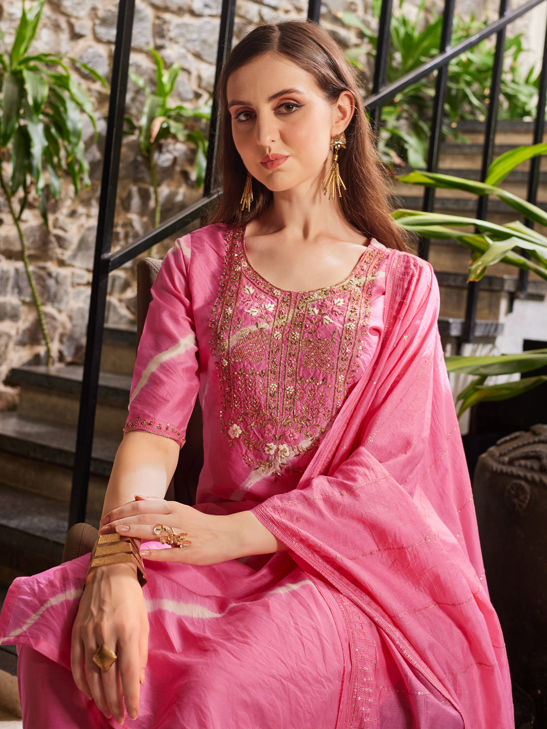 Leheriya Printed Embroidered Kurta With Pant & Dupatta, Multicolor - Hiral Fashion
