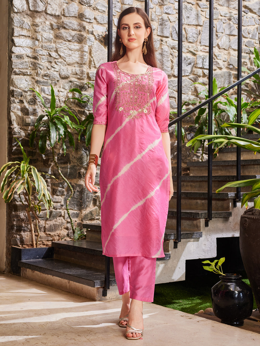 Leheriya Printed Embroidered Kurta With Pant & Dupatta, Multicolor - Hiral Fashion