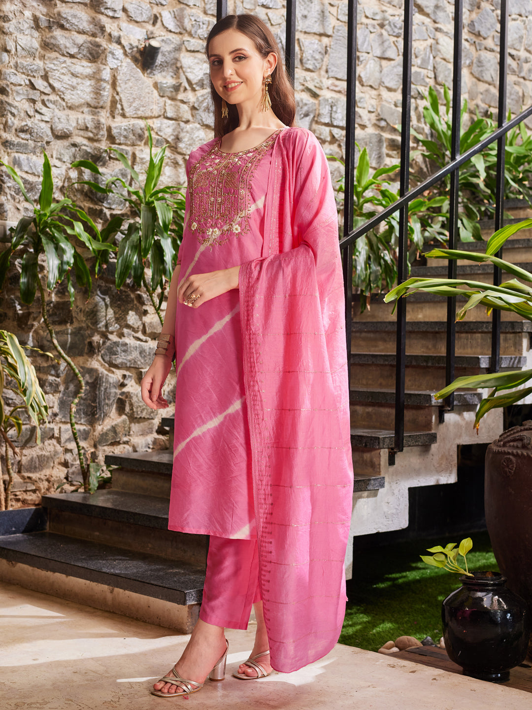 Leheriya Printed Embroidered Kurta With Pant & Dupatta, Multicolor - Hiral Fashion