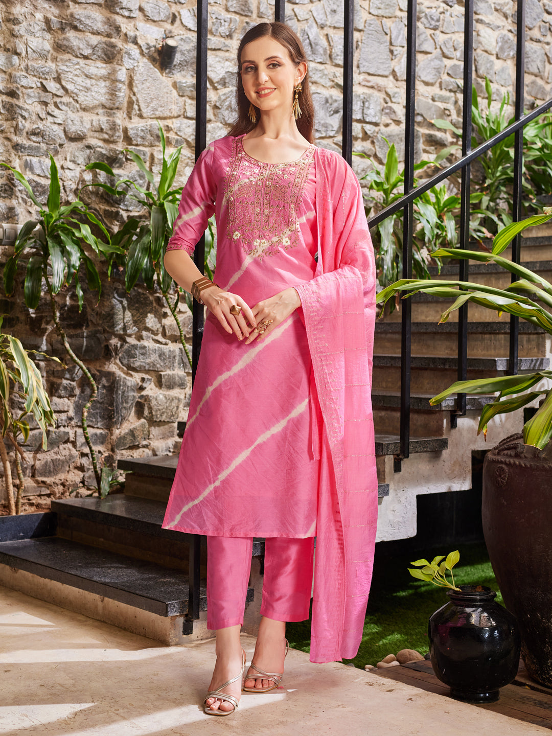Leheriya Printed Embroidered Kurta With Pant & Dupatta, Multicolor - Hiral Fashion