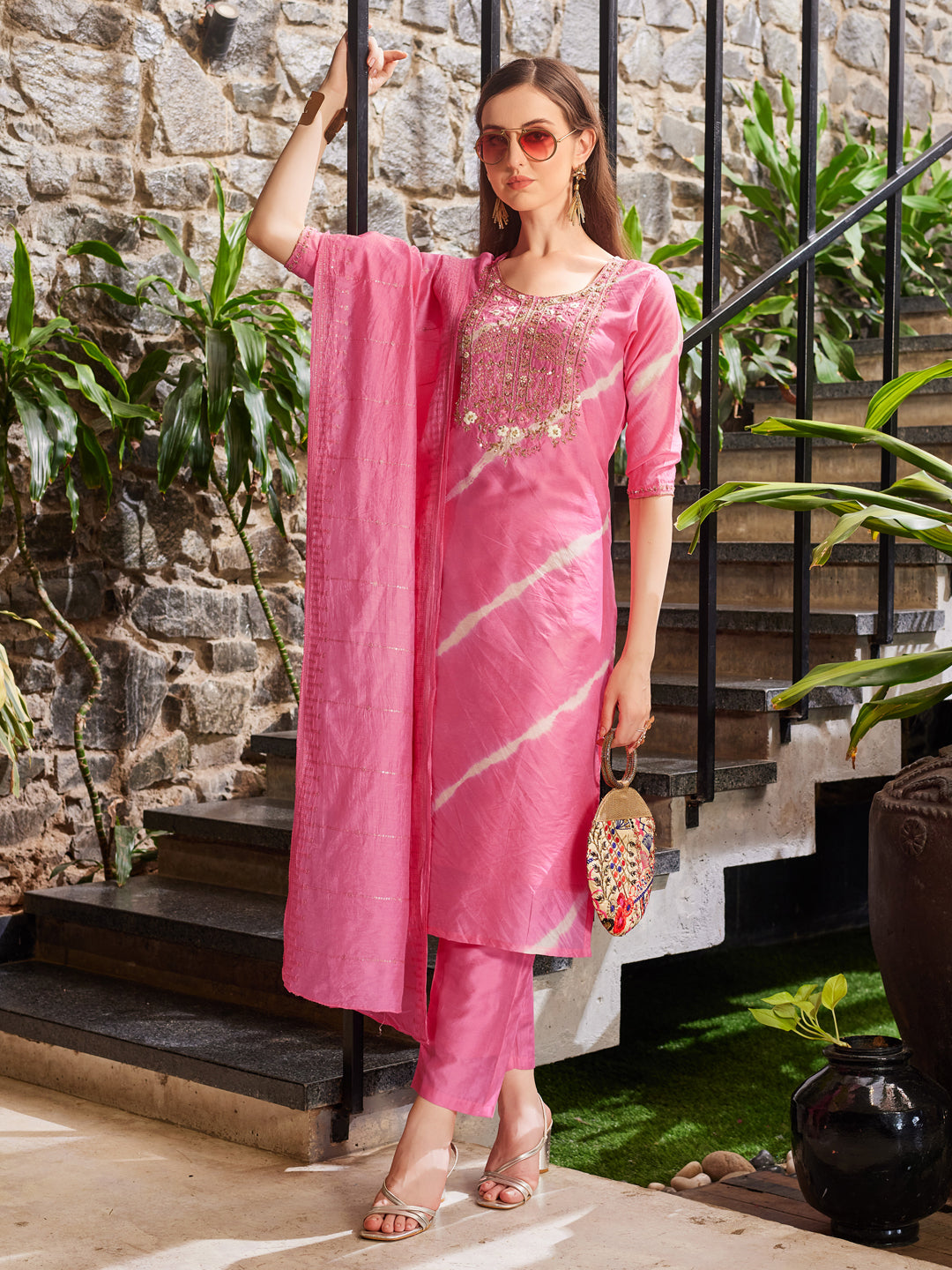 Leheriya Printed Embroidered Kurta With Pant & Dupatta, Multicolor - Hiral Fashion