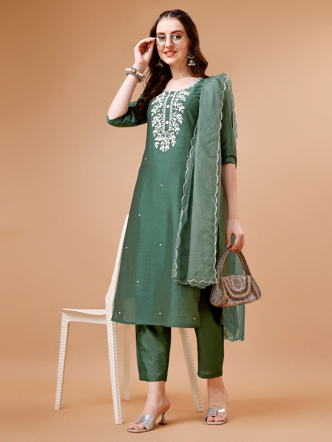 Hand Beads Embroidered Kurta With Pant & Dupatta, Multicolor - Hiral Fashion