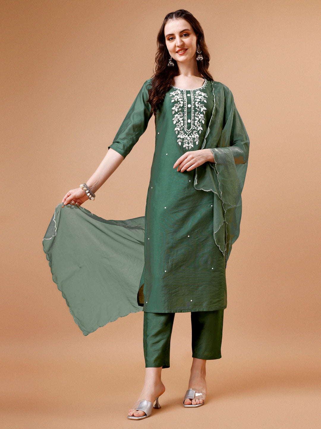Hand Beads Embroidered Kurta With Pant & Dupatta, Multicolor - Hiral Fashion
