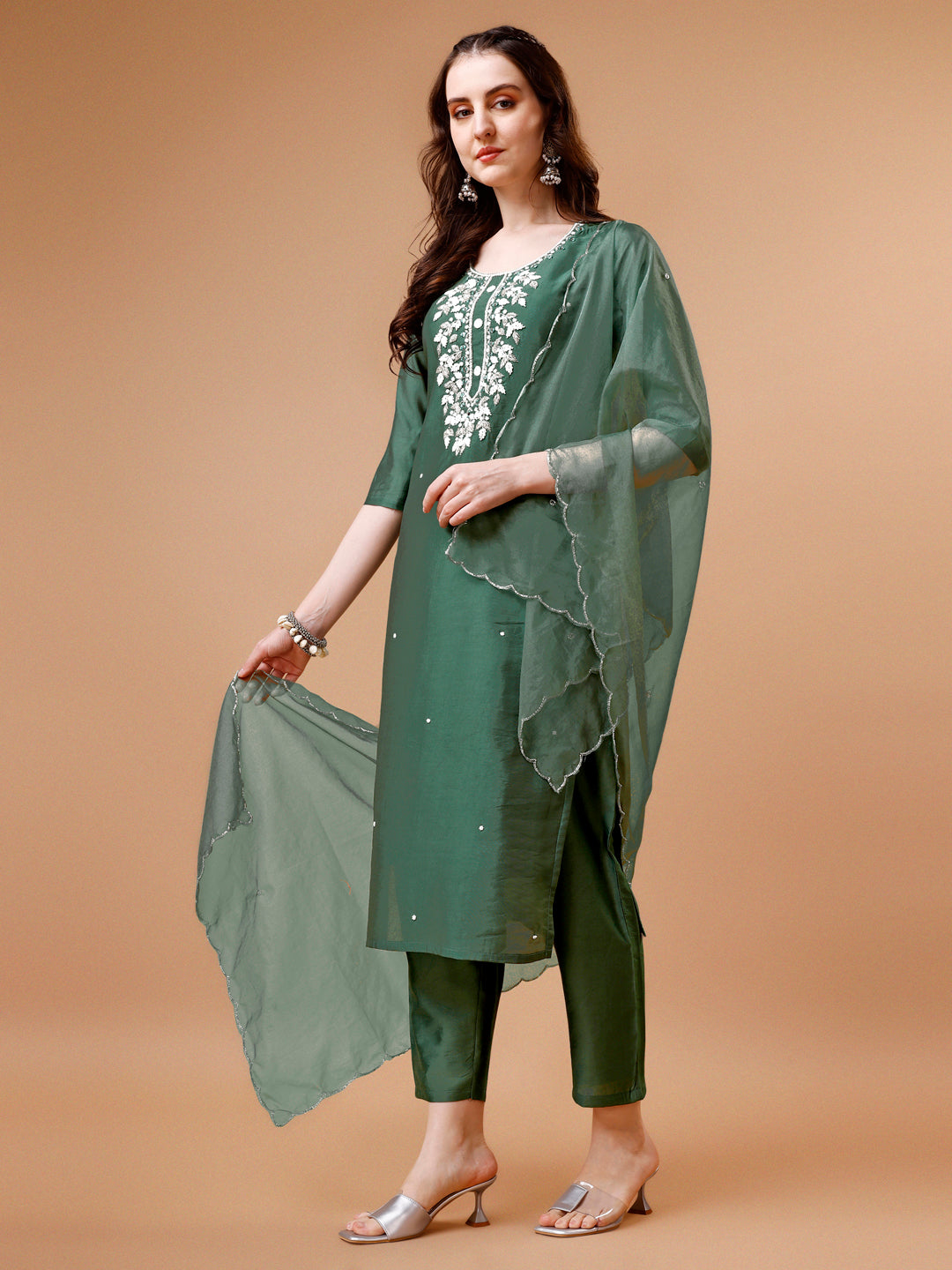 Hand Beads Embroidered Kurta With Pant & Dupatta, Multicolor - Hiral Fashion
