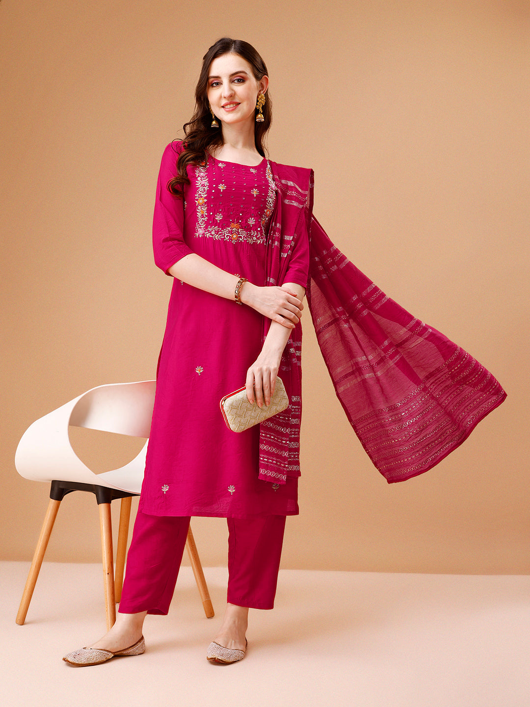 Hand Embroidered Kurta With Pant & Dupatta, Multicolor - Hiral Fashion