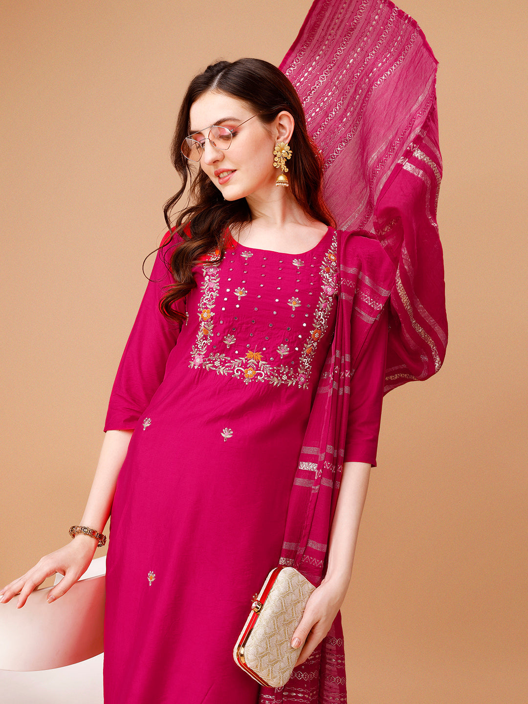 Hand Embroidered Kurta With Pant & Dupatta, Multicolor - Hiral Fashion