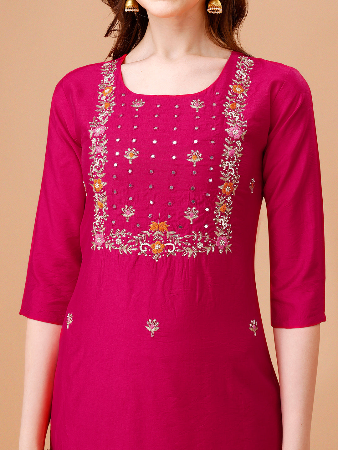 Hand Embroidered Kurta With Pant & Dupatta, Multicolor - Hiral Fashion