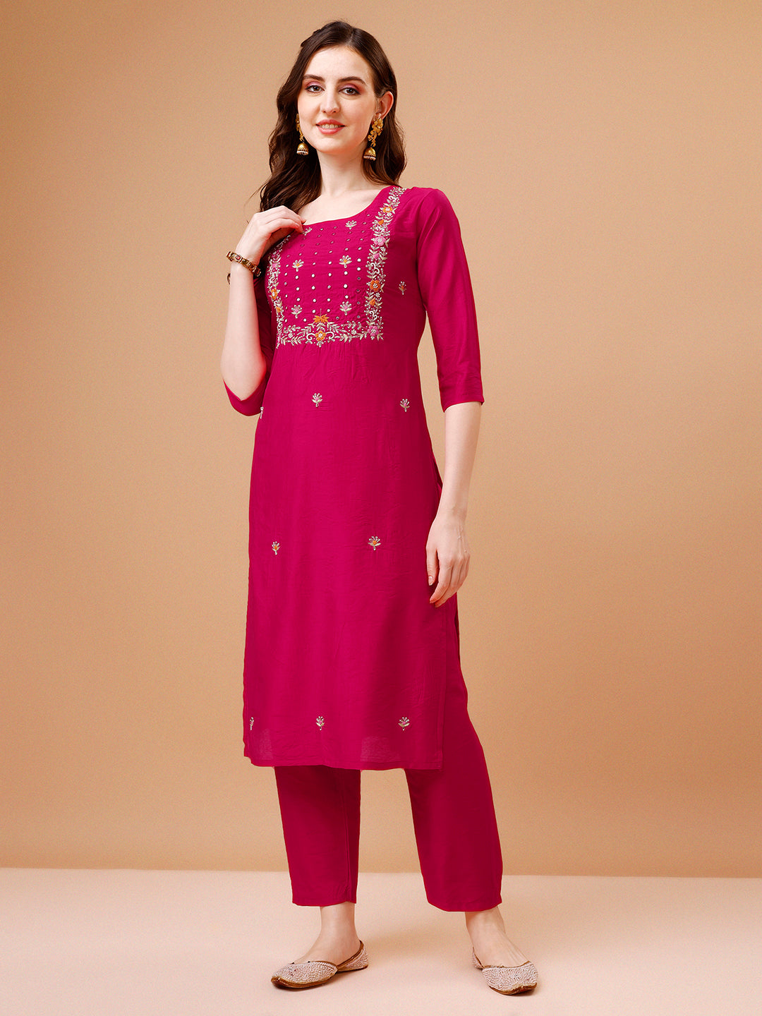 Hand Embroidered Kurta With Pant & Dupatta, Multicolor - Hiral Fashion