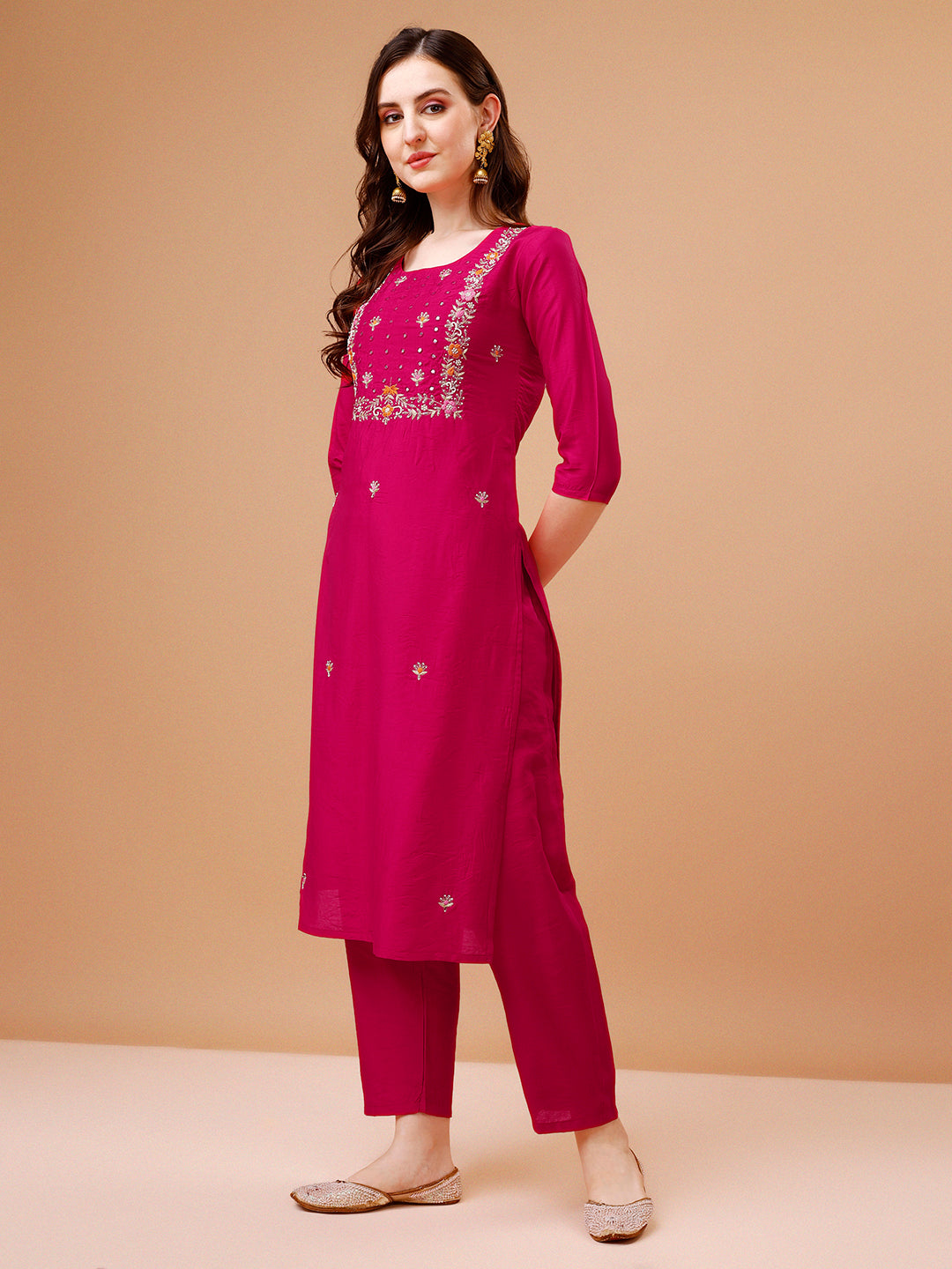 Hand Embroidered Kurta With Pant & Dupatta, Multicolor - Hiral Fashion