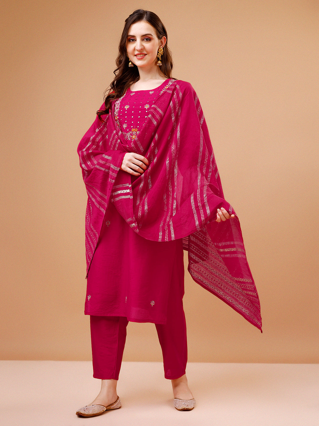 Hand Embroidered Kurta With Pant & Dupatta, Multicolor - Hiral Fashion