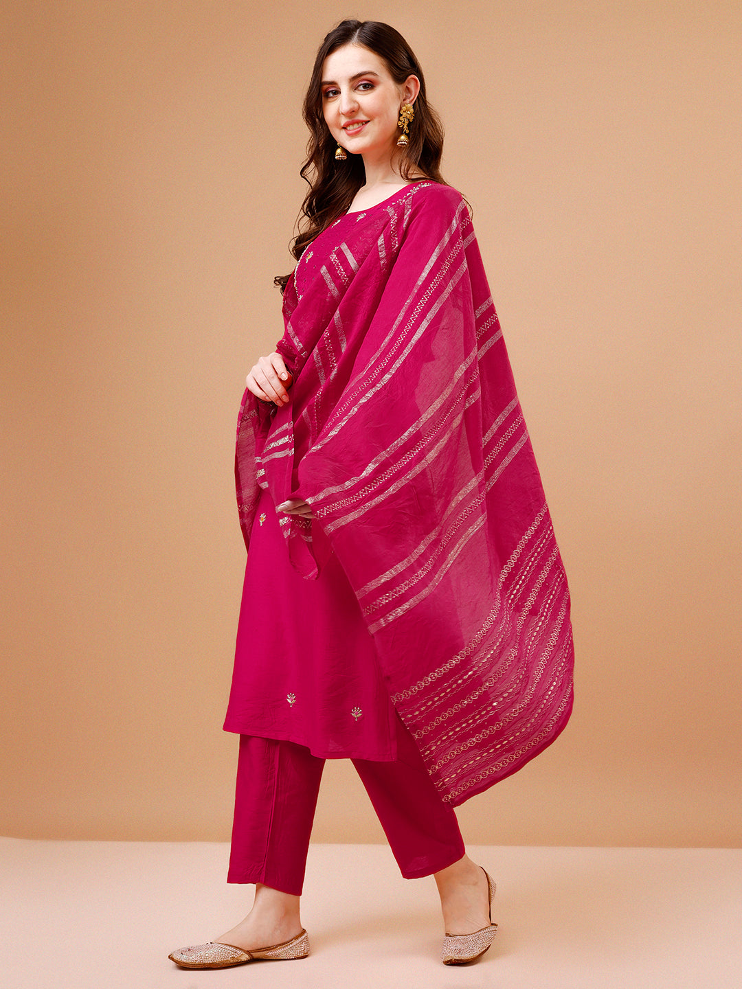 Hand Embroidered Kurta With Pant & Dupatta, Multicolor - Hiral Fashion