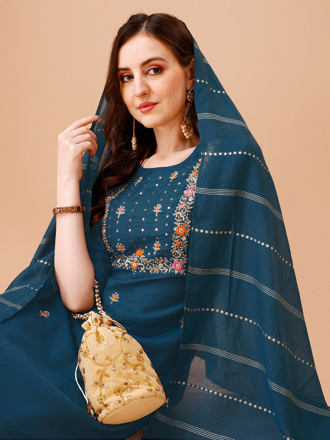 Hand Embroidered Kurta With Pant & Dupatta, Multicolor - Hiral Fashion