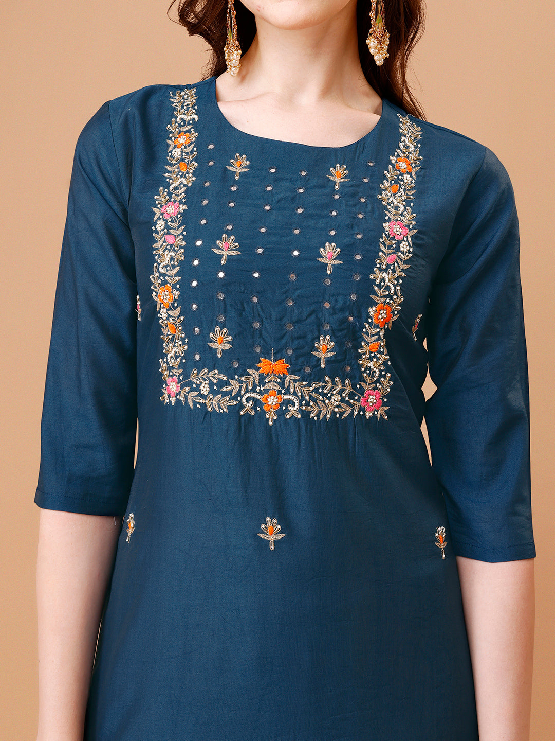 Hand Embroidered Kurta With Pant & Dupatta, Multicolor - Hiral Fashion