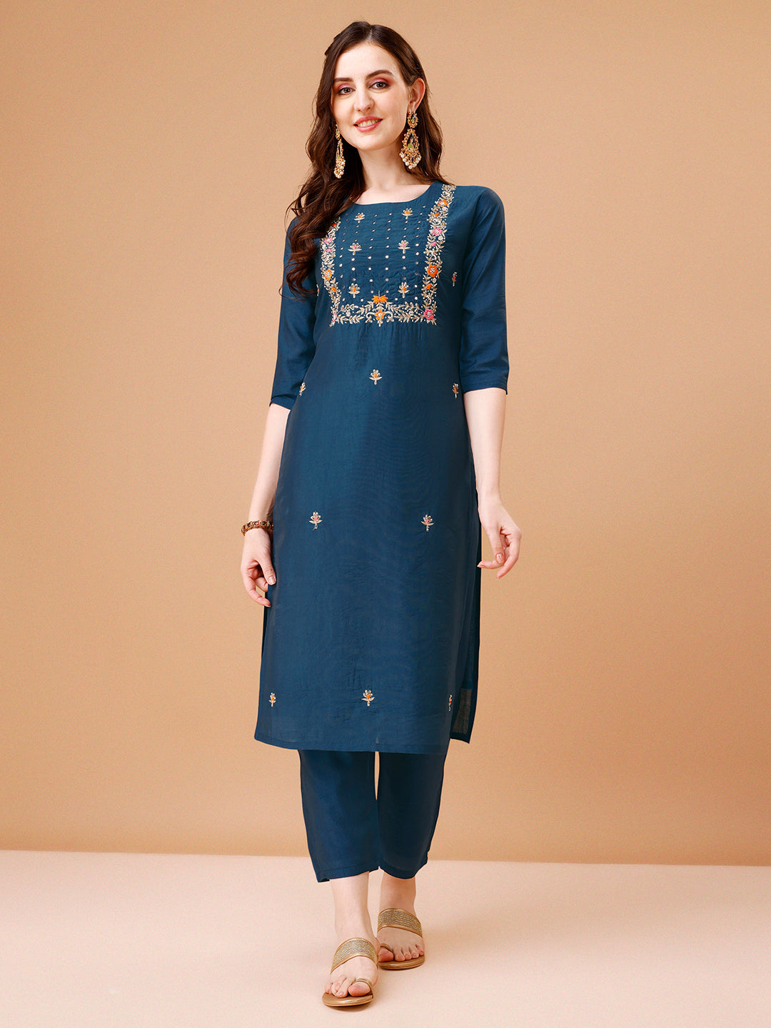 Hand Embroidered Kurta With Pant & Dupatta, Multicolor - Hiral Fashion