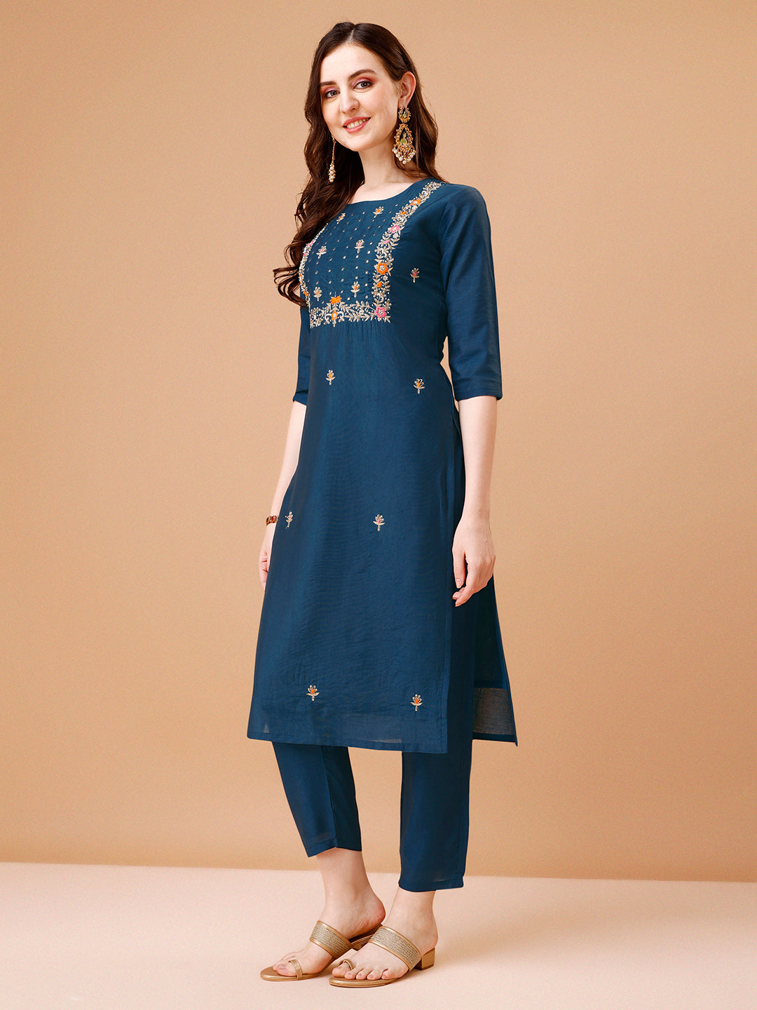 Hand Embroidered Kurta With Pant & Dupatta, Multicolor - Hiral Fashion