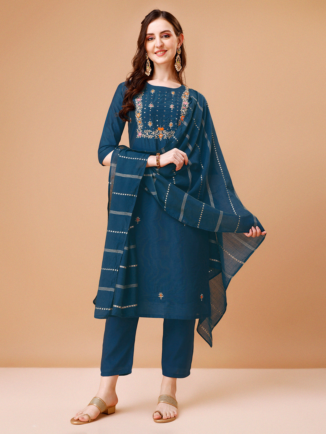 Hand Embroidered Kurta With Pant & Dupatta, Multicolor - Hiral Fashion