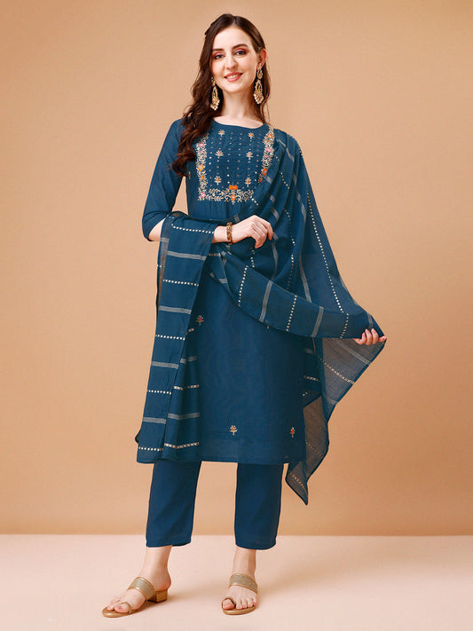 Hand Embroidered Kurta With Pant & Dupatta, Multicolor - Hiral Fashion