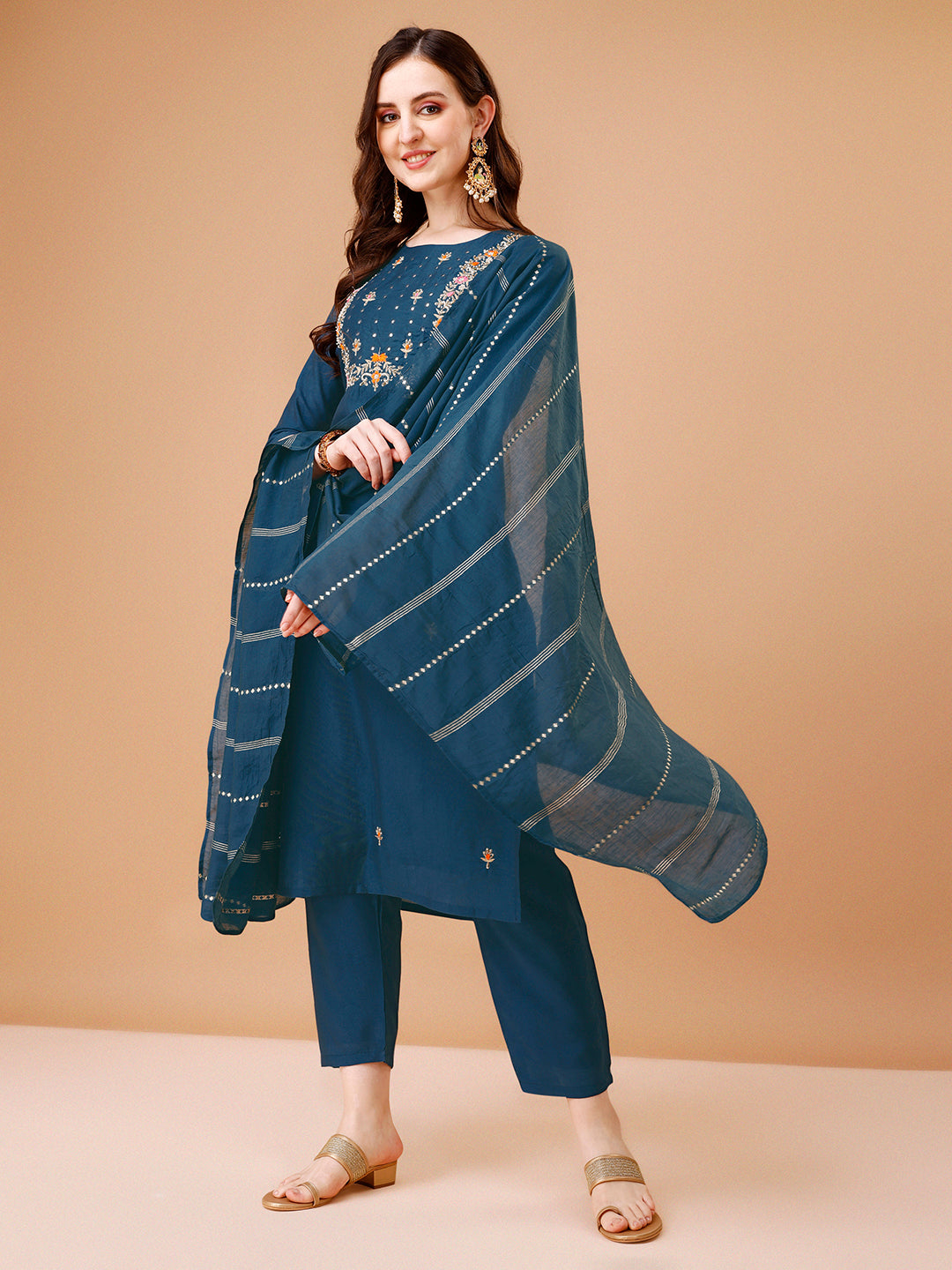 Hand Embroidered Kurta With Pant & Dupatta, Multicolor - Hiral Fashion
