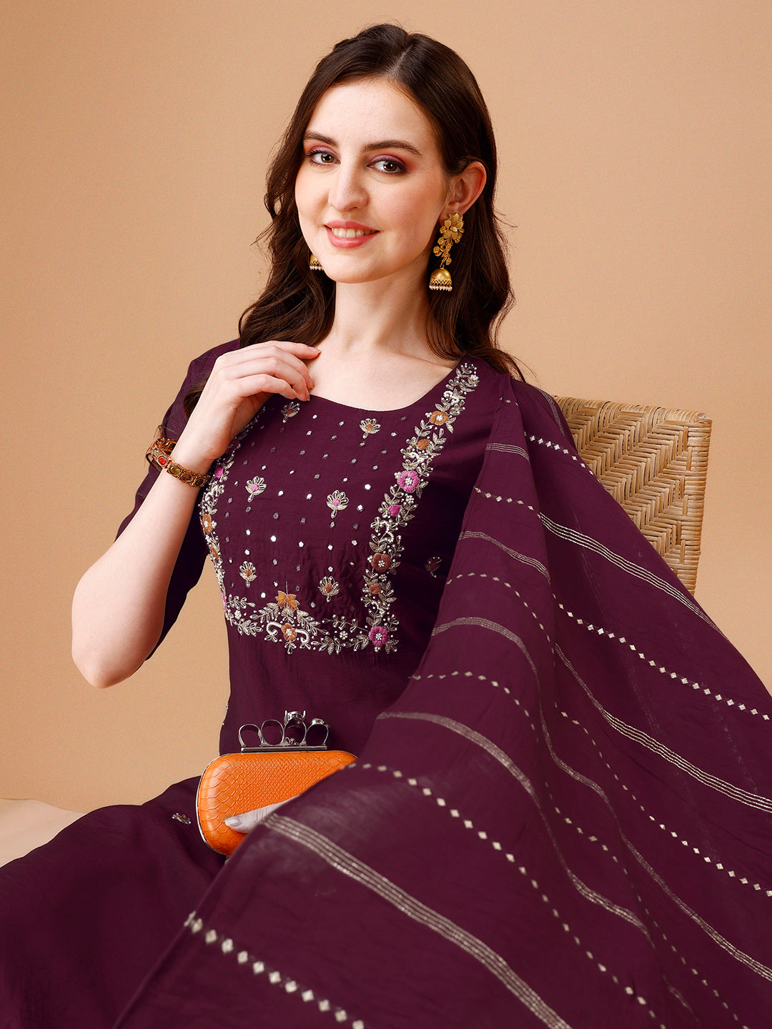 Hand Embroidered Kurta With Pant & Dupatta, Multicolor - Hiral Fashion