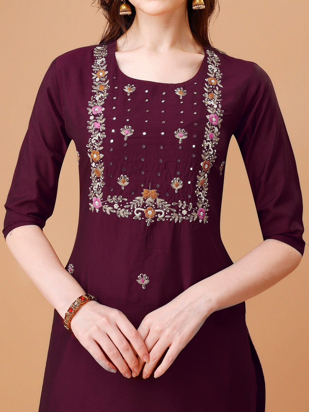 Hand Embroidered Kurta With Pant & Dupatta, Multicolor - Hiral Fashion