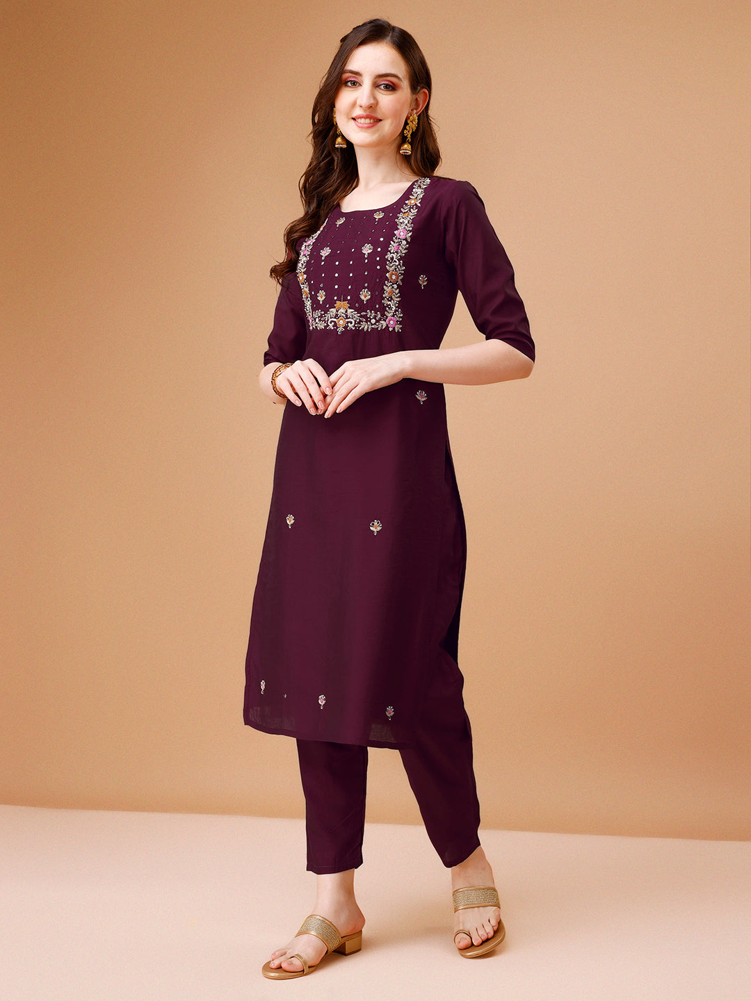 Hand Embroidered Kurta With Pant & Dupatta, Multicolor - Hiral Fashion