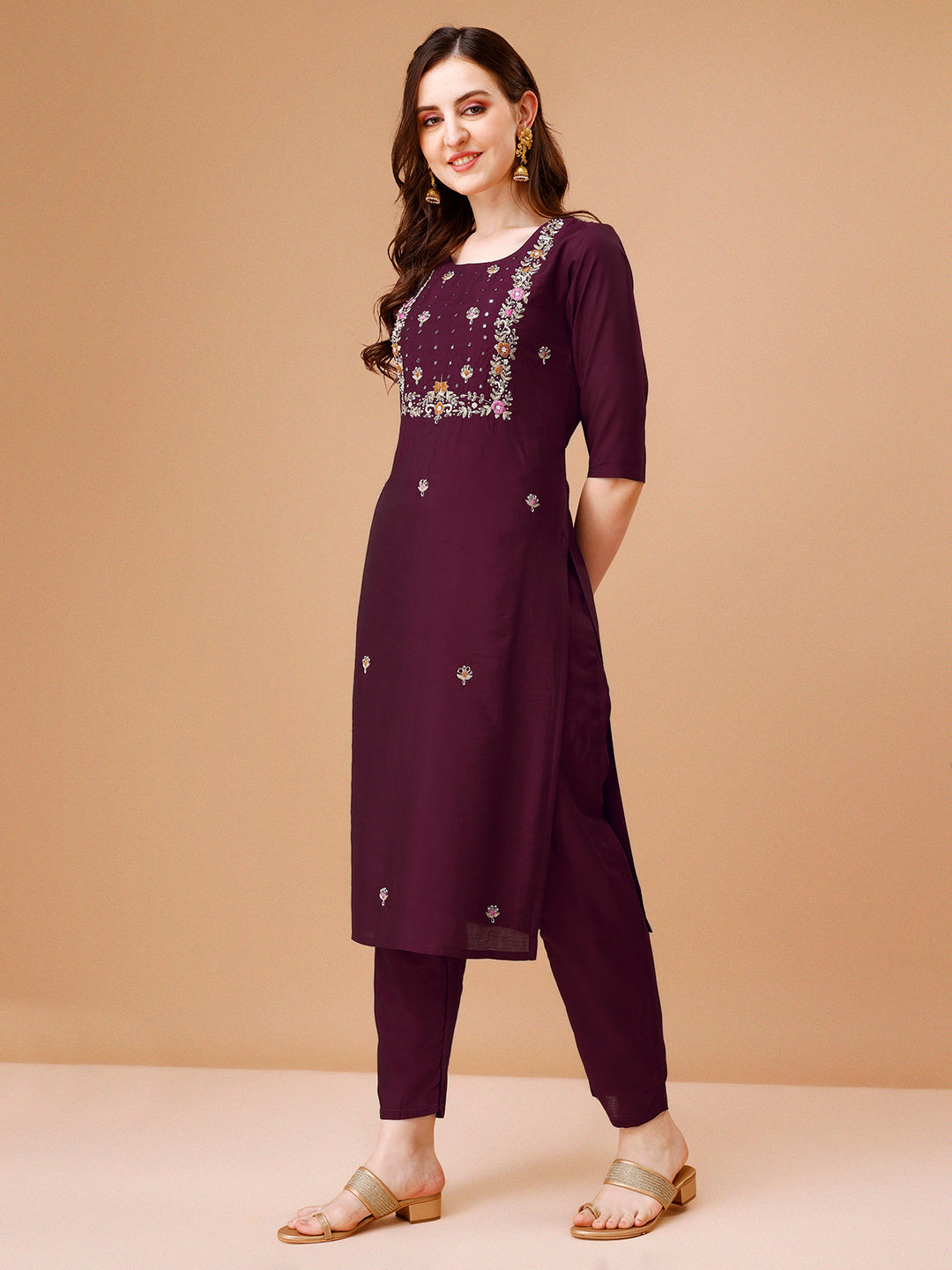Hand Embroidered Kurta With Pant & Dupatta, Multicolor - Hiral Fashion