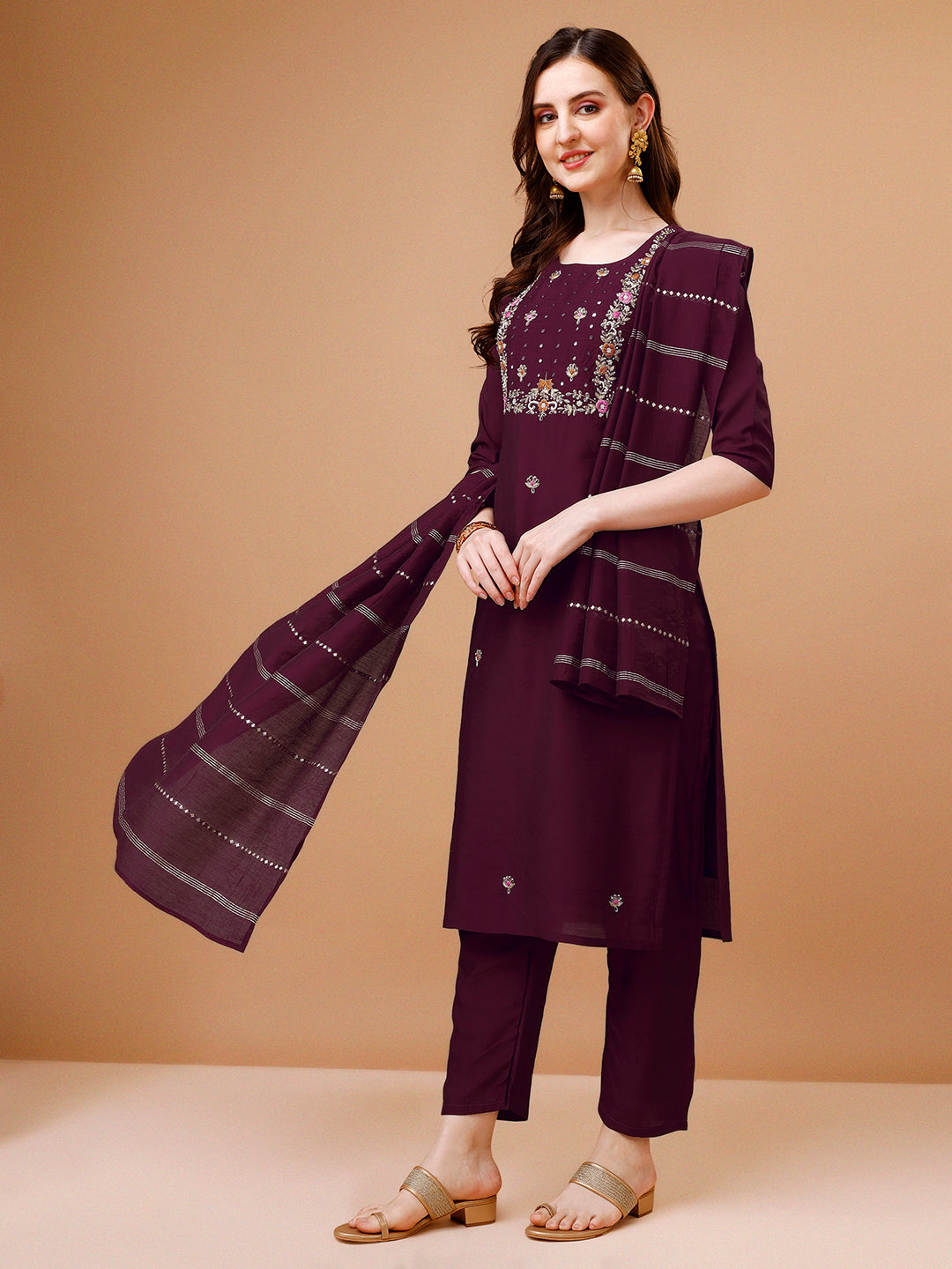 Hand Embroidered Kurta With Pant & Dupatta, Multicolor - Hiral Fashion
