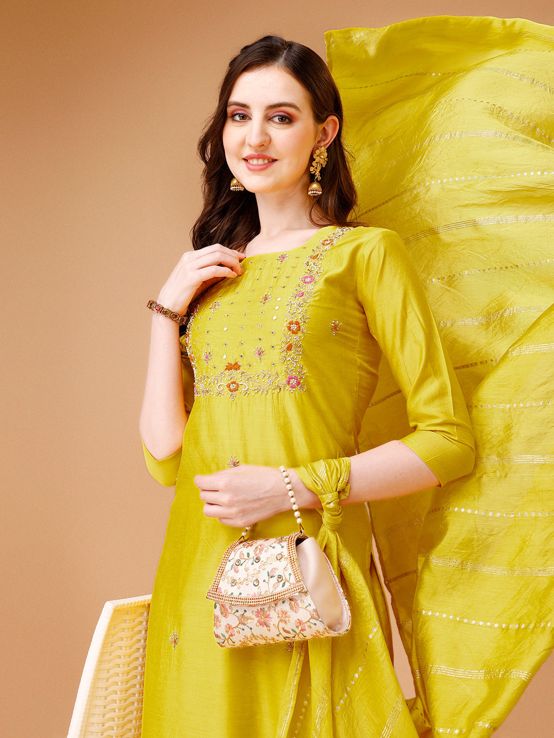 Hand Embroidered Kurta With Pant & Dupatta, Multicolor - Hiral Fashion
