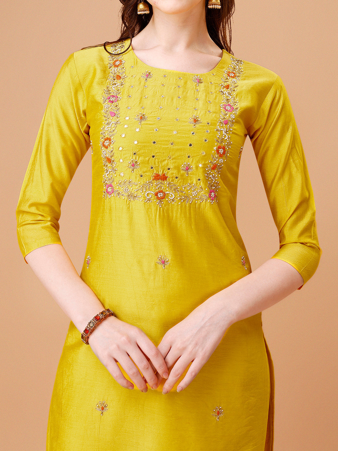 Hand Embroidered Kurta With Pant & Dupatta, Multicolor - Hiral Fashion