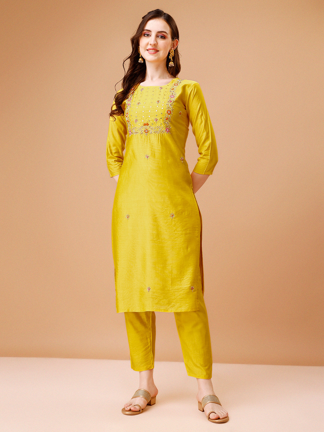 Hand Embroidered Kurta With Pant & Dupatta, Multicolor - Hiral Fashion