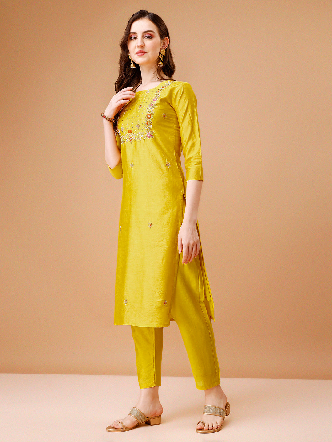 Hand Embroidered Kurta With Pant & Dupatta, Multicolor - Hiral Fashion