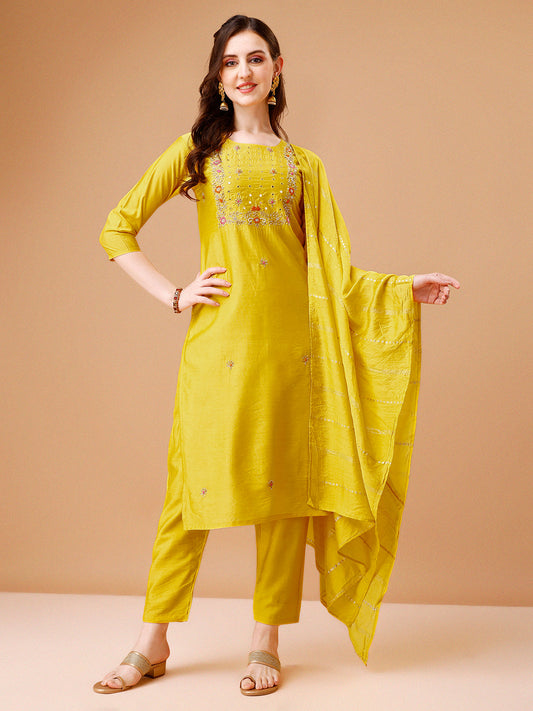 Hand Embroidered Kurta With Pant & Dupatta, Multicolor - Hiral Fashion