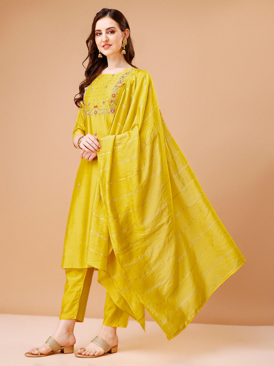 Hand Embroidered Kurta With Pant & Dupatta, Multicolor - Hiral Fashion