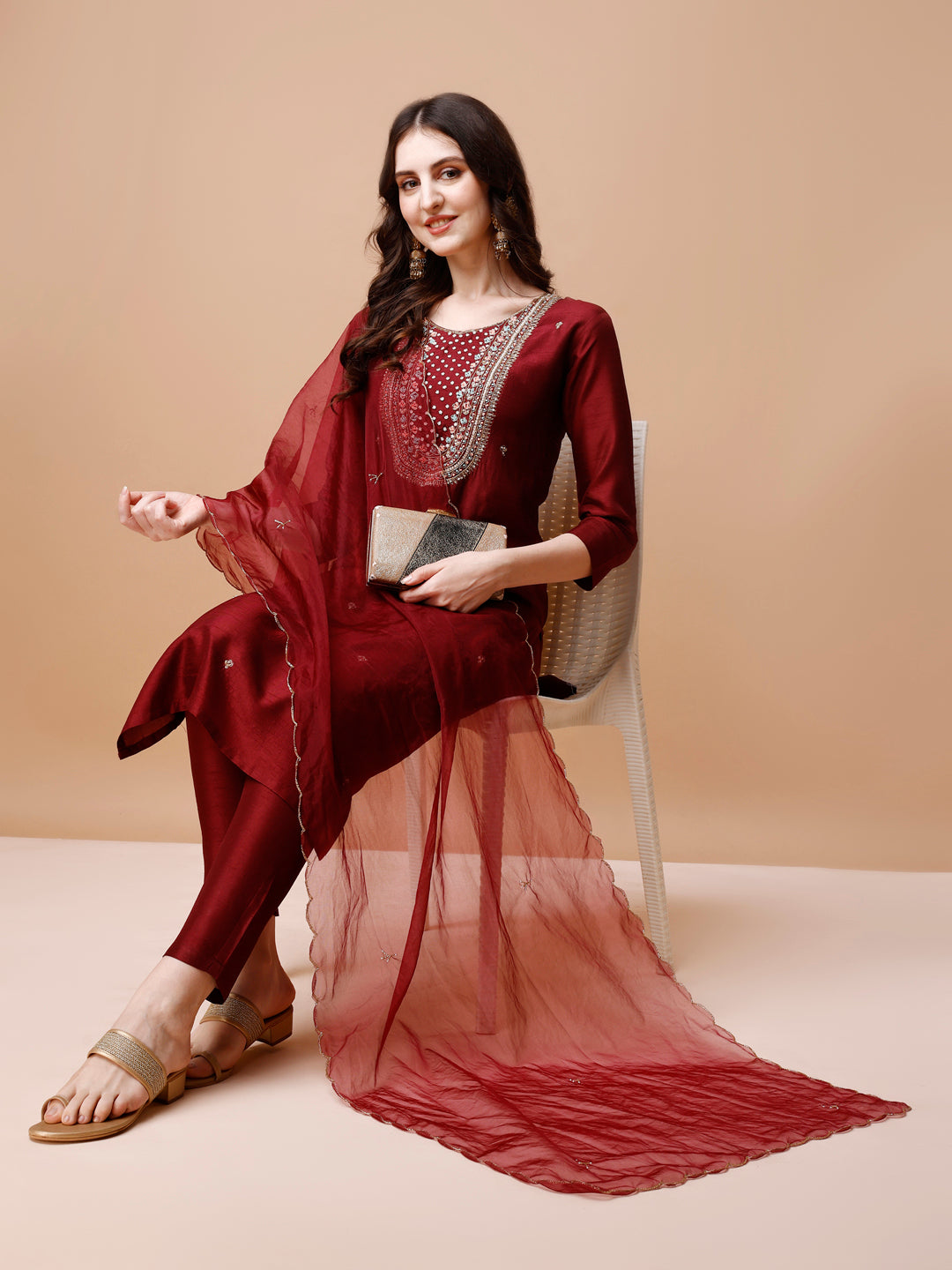 Hand Embroidered Kurta With Pant & Organza Dupatta, Multicolor - Hiral Fashion