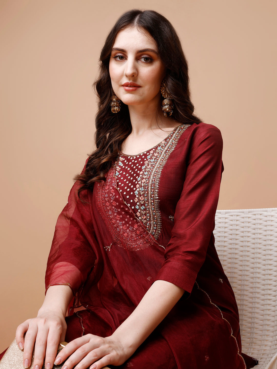 Hand Embroidered Kurta With Pant & Organza Dupatta, Multicolor - Hiral Fashion